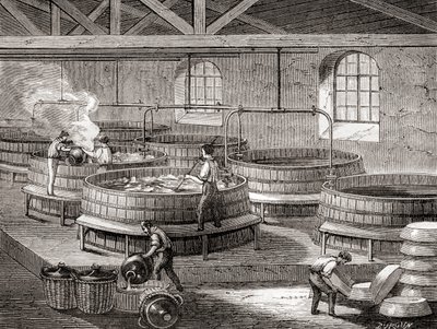 Saippuan valmistus suurissa säiliöissä 1800-luvulla, julkaisusta "Les Merveilles de la Science", julkaistu noin vuonna 1870 (kaiverrus). tekijältä French School