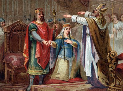 Francin kuninkaan Clovisin (481-511) avioliitto Clothilden kanssa vuonna 493. Kromolitografia 1800-luvun lopulla. tekijältä French School