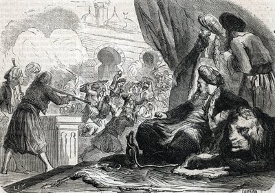 "Janissaarien armeijan verilöyly vuonna 1826, sulttaani Mahmoud II, Konstantinopoli" (kaiverrus) 1864 tekijältä French School