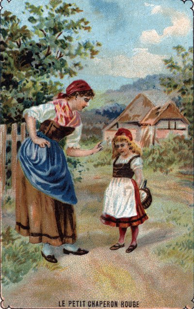 Punahilkan äiti varoittaa häntä sudesta Kuvitus Charles Perraultin (1628-1703) tarinasta "Punahilkka" "" Punahilkan äiti varoittaa häntä susta"" " Kuvitus "" Litt tekijältä French School