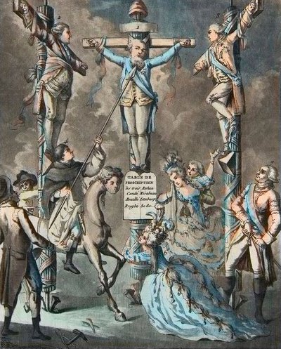 Uusi golgata, Ludvig XVI asetti ristille kapinoiden - 2. ja 3. Monsieur (Louis Stanislas Xavier, Provencen kreivi (1755-1824), Ludvig XVIII) ja Artoisin kreivi (Charles Philippe (1757-1836) Charles Philippe) X), kuninkaan veljet, nojasivat asetuksiin o tekijältä French School