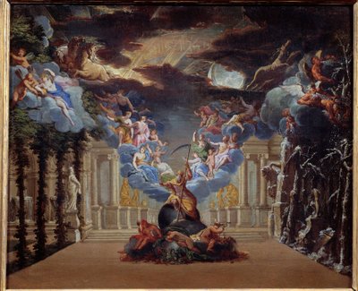 Ajan palatsi, vuonna 1676 luodun Jean Baptiste Lullyn (Giovanni Battista Lulli) (1632-1687) ”Atys”-prologin koristelu ovat edustettuina myhologisia hahmoja, kuten Mercury, Hermes. Anonyymi maalaus 1600-luvun ranskalaisesta koulusta. Pariisi tekijältä French School