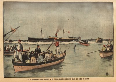 Miesten pyhiinvaellus Pyhässä maassa Jaffassa (Israel). Kaiverrus lehdessä "Le pelerin" 8/09/1901. Selvan kokoelma. tekijältä French School