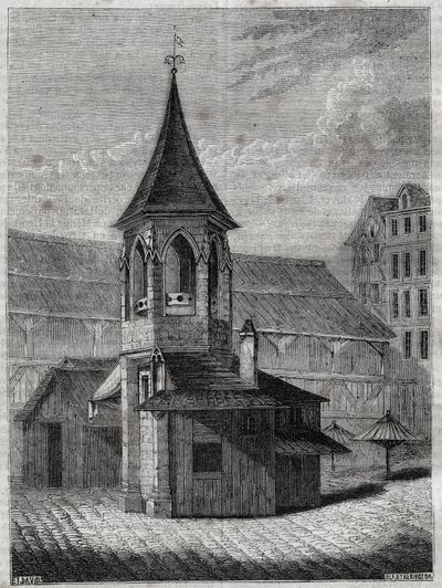 Hallien pilleri 1700-luvulla, rakennettu vanhalle viattomien hautausmaalle - Jacques Antoine Dulauren kaiverrus "Pariisin fyysinen, siviili- ja moraalinen historia: historiallisista ajoista nykypäivään" tekijältä French School
