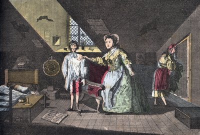 Hurskas räätäli jäi kiinni aviorikoksesta. Cabbagen kaiverrus vuodelta 1768 kirjassa "" Lire Et Galanterie"". Viikoittainen Galantes-kuvien kokoelma John Grand-Carteret