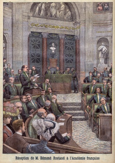 Runoilija ja näytelmäkirjailija Edmond Rostand vastaanotetaan Academy Francaiseen "Le Petit Journal" -lehdessä. tekijältä French School