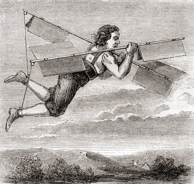 Ranskalaisen lukkosepän Jacob Besnierin väitetty lento itse suunnittelemansa lentolaitteen avulla vuonna 1678, julkaisusta "Les Merveilles de la Science", julkaistu noin vuonna 1870 (litografia). tekijältä French School