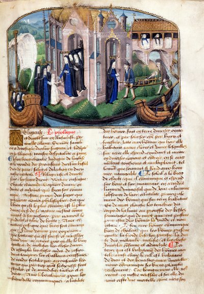 Noviisin vastaanotto ja potilas toivottaa tervetulleeksi Jean Henryn Le Livre de Vie Active de lHotel Dieu de Parisista, n. 1482 (katso myös 236790) tekijältä French School