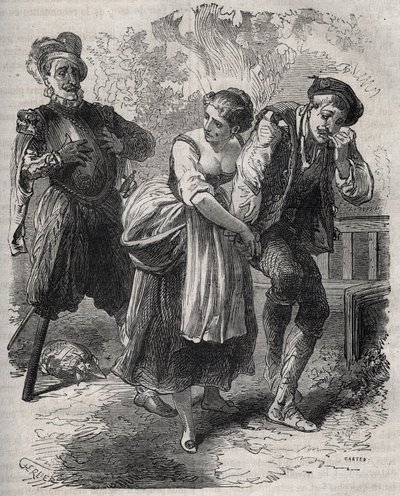 Martin Guerren paluu (noin 1524 noin 1560): hän esiintyi vaimonsa Bertrande de Rolsin ja hänen henkilöllisyytensä kaappaajan, huijarin Arnaud du Tilhin (Thil) edessä. Kaiverrus vuodelta 1871 Henry de Kockin (1819) teokseen "Histoire Des Cocus Celebres" tekijältä French School