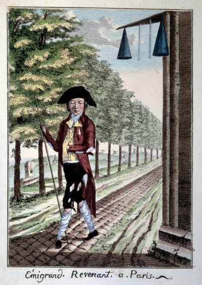 Erään siirtolaisen paluu Ranskan vallankumouksen päättyessä. Aatelinen revittyjä vaatteita, joka pakeni kaupungista vallankumouksen aikana. Kaiverrus 1800-luvun Pariisista, Musee Carnavalet