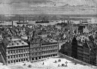 Scheldt-joki nähtynä Antwerpenin satamasta, Belgiasta. Kaiverrus "Le Journal de la jeunesse" tekijältä French School