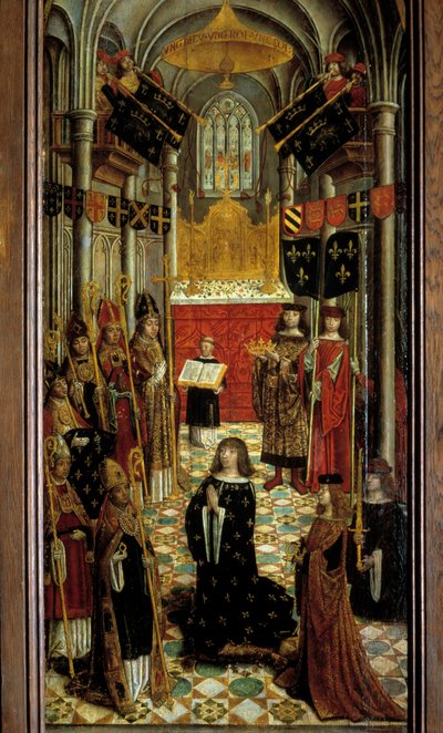 Ludvig XII:n (1462-1515) pyhä Reimsin katedraalissa 27. toukokuuta 1498 1500-luvun ranskalaisen koulukunnan puumaalaus. 1501. Dim. 1,95x0,5 m. Pariisi, Keskiajan kansallismuseo, Thermes de Cluny tekijältä French School