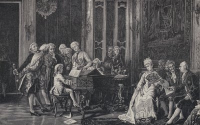 Seitsemänvuotias Wolfgang Amadeus Mozart soitti ennen kuningas Yrjö III:ta Lontoossa, 1764 tekijältä French School