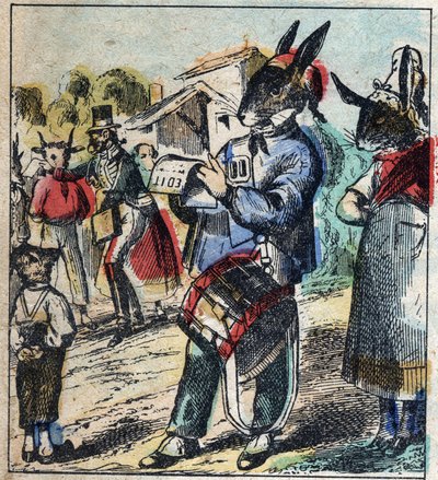 Sairas leijona ja kettu. Jean de La Fontainen (1621-95) sadut. Epinaalikuvaus 1800-luvun lopulta. tekijältä French School