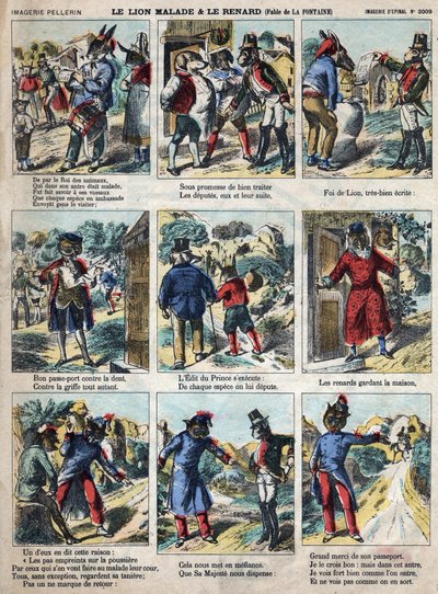 Sairas leijona ja kettu. Jean de La Fontainen (1621-95) sadut. Epinaalikuvaus 1800-luvun lopulta. tekijältä French School
