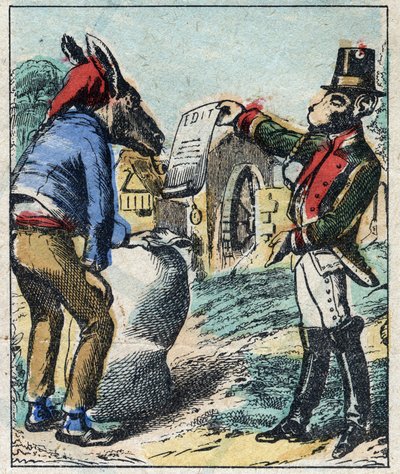 Sairas leijona ja kettu. Jean de La Fontainen (1621-95) sadut. Epinaalikuvaus 1800-luvun lopulta. tekijältä French School