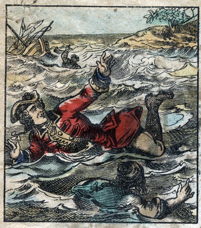 Lemuel Gulliverin uppoaminen. Kuvitus Jonathan Swiftin (1667-1745) elokuvaan "" Gulliver
