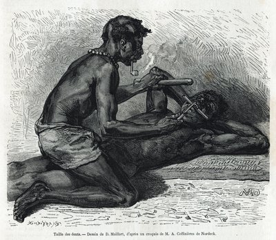Okandan hampaiden koko, D. Maillardin piirustus kuvaamaan Alfred Marchen tarinaa Gabonin ja Ogoue-joen matkasta vuosina 1875-1877. Kaiverrus kirjassa Le tour du monde tekijältä French School