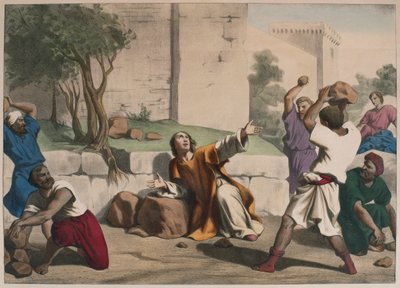 Pyhän Tapanin kivittäminen, kuvitus katekisuksesta LHistoire Sainte, julkaisija Charles Delagrave, Pariisi, 1800-luvun loppu tekijältä French School