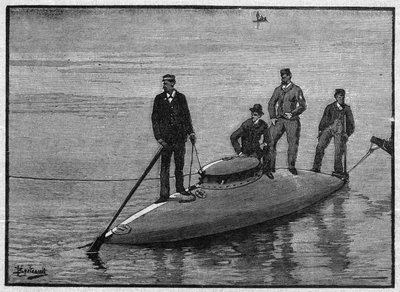 Sukellusvene katseli tyhjää "Goubetia", kelluen ja kantaen neljä miestä. Kaiverrus "La gazette du dimanche" -julkaisussa 28. marraskuuta 1895. tekijältä French School