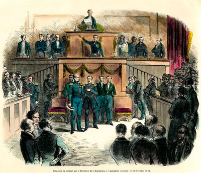 Tasavallan presidentiksi virallisesti julistetun Louis Napoleon III:n (Louis-Napoleon) vannominen kansalliskokouksessa 20. joulukuuta 1848. Hän lupasi "pysyä uskollisena yhdelle ja jakamattomalle demokraattiselle tasavallalle ja täyttää kaikki tekijältä French School