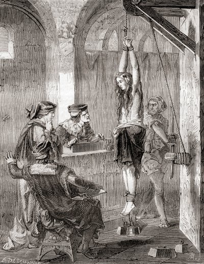 Noituudesta syytetyn naisen kidutus keskiajalla, Les Merveilles de la Science, julkaistu n.1870 (litho) tekijältä French School