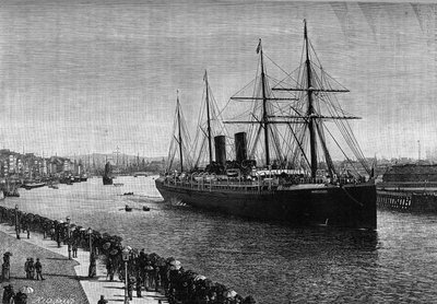 Transatlanttinen laiva "" La Gascogne"" Le Havren satamassa vuonna 1887. Kaiverrus maineikkaassa aikakauslehdessä "" La jeunesse"" tekijältä French School