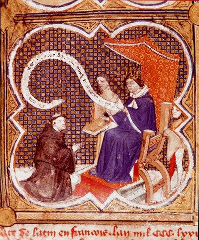 Kääntäjä tarjoaa kirjansa kuningas Kaarle V:lle (1338-1380). Miniatyyri, joka on otettu Englantilaisen Barthelemy