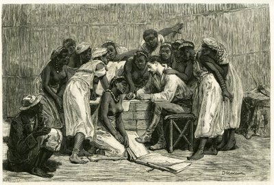 Kuningattaren, kuningas Sepopon kuudentoista vaimon, vierailu tohtori Holubin laatikossa. D.Maillardin kaiverrus havainnollistamaan tohtori Emile Holubin (1847-1902) tarinaa "Au pays des Marutses", vuosina 1875-1879. Julkaistu Tour du mondessa, 2. lukukaus tekijältä French School