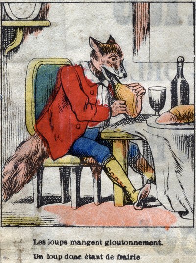 Susi ja haikara. Jean de La Fontainen (1621-95) sadut. Epinaalikuvaus 1800-luvun lopulta. tekijältä French School