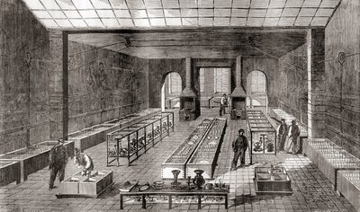 Kemiallisia kylpyjä sisältävä työpaja Charles Christoflen galvanointitehtaalla Pariisissa, Ranskassa vuonna 1867, Les Merveilles de la Science -julkaisusta, julkaistu noin 1870 (kaiverrus) tekijältä French School
