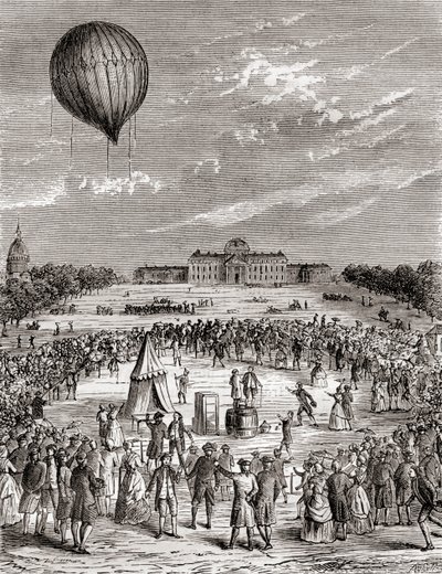 Maailman ensimmäinen vetypallo, joka laukaistiin Champs de Marsin yli Pariisissa, Ranskassa vuonna 1783, Les Merveilles de la Sciencesta, julkaistu n.1870 (kaiverrus) tekijältä French School