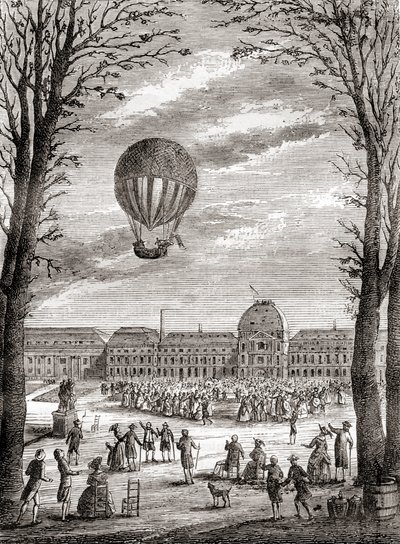 Maailman ensimmäinen miehitetty vetypallolento Champs de Marsin yllä Pariisissa, Ranskassa 1. joulukuuta 1783 Nicolas-Louis Robertin ja professori Jacques Charlesin ohjaamana, Les Merveilles de la Science, julkaistu noin vuonna 1870 (kaiverrus). tekijältä French School