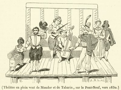 Teatteri Mondorin ja Tabarinin ulkoilmassa, Pont-Neufilla, noin 1630 (kaiverrus) tekijältä French School