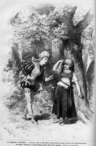 Teatteriesitys: Tuhkimo ja hurmaava prinssi esittäjänä Mme Theo ja Melle Vanghel Clairvillen (Louis Francois Nicolaie) näytelmään "" Cendrillon" tekijältä French School