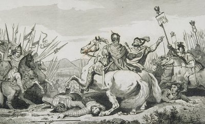 Theodoric surmataan Attilaa vastaan käydyssä taistelussa Chalonsin lähellä, Colartin "Histoire de France" -teoksesta, julkaistu noin vuonna 1840. tekijältä French School