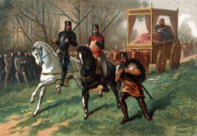 Thierry I (? - 533), Austraasian kuningas härkien vetämässä kärryssä. 1800-luvun lopun kromolitografia. tekijältä French School