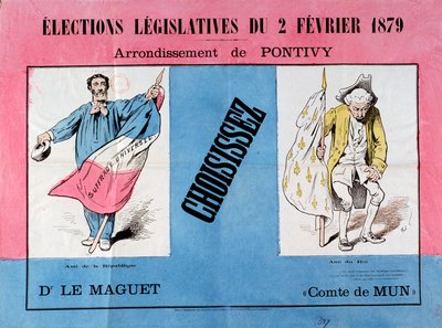 Kolmas tasavalta: juliste 2.2.1879 pidetyistä parlamenttivaaleista Pontivyn kunnassa (Morbihan). Pariisi. Juliste- ja mainosmuseo tekijältä French School