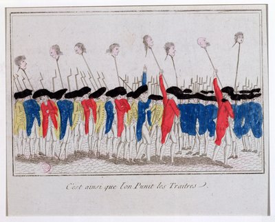 Näin rangaistaan pettureita, sans-culotteja, jotka kantavat giljotiinien päitä, 1789 tekijältä French School