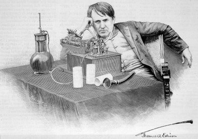 Thomas Edison ja hänen fonografinsa - "" Le Monde Illustré" -julkaisussa 17.8.1884 tekijältä French School