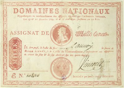 Tuhannen liiran seteli Ludvig XVI:n (1754-93) kuvalla 1790 tekijältä French School