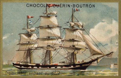 Kolmimastoinen purjelaiva saapumassa satamaan (chromolitho) tekijältä French School