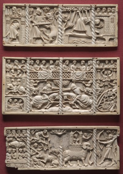 Kolme paneelia arkista ja kohtauksia hoviromaaneista, n. 1330-1350 tekijältä French School