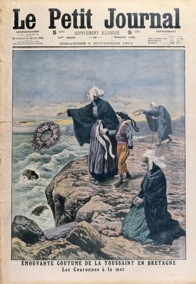 Seppeleiden heittäminen mereen Bretagnen pyhimysten päivänä, kansikuva Le Petit Journalista, 5. marraskuuta 1911 tekijältä French School