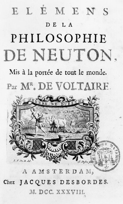 Francois Marie Arouet Voltairen (1694-1778) Amsterdamin elementit Newtonin filosofian otsikkosivu, julkaistu 1738 tekijältä French School