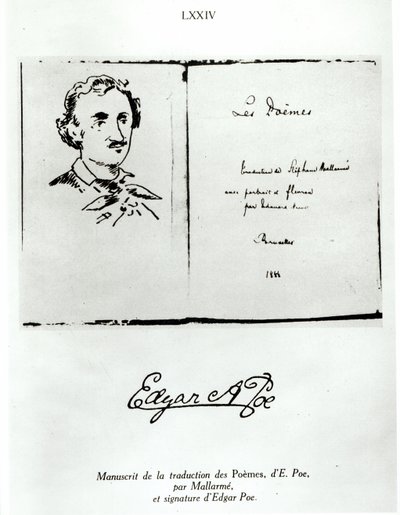 Stephane Mallarmen (1842-98) kääntämän Edgar Allan Poen (1809-49) Les Poemes -kirjan nimisivu, jossa kirjailijan muotokuva, 1888 tekijältä French School