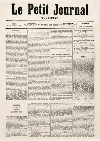 Päivälehden Le Petit Journal otsikkosivu, 12. helmikuuta 1863 (painettu) tekijältä French School