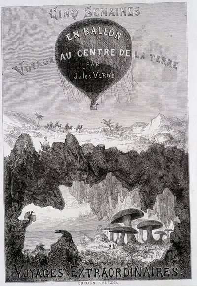 Nimisivu: Jules Verne, sd. "" Five Weeks in Balloon" ja "Journey to the Centre of the Earth" Painokset Hetzel yleisnimellä "" Les Voyages Extraordinary"" tekijältä French School