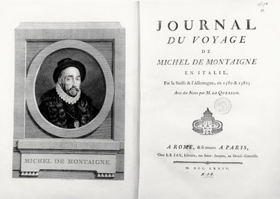 Nimilehti ja etusivu, jossa A. de Saint Aubinin muotokuva kirjailijasta, "Journal de Voyage en Italie 1580 et 1581 de Michel de Montaigne" tekijältä French School