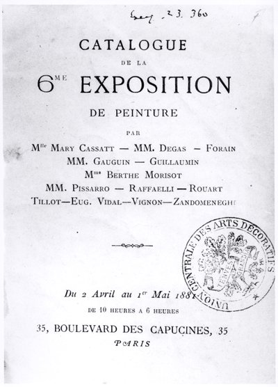 Kuudennen impressionistisen näyttelyn luettelon nimisivu 1881 tekijältä French School